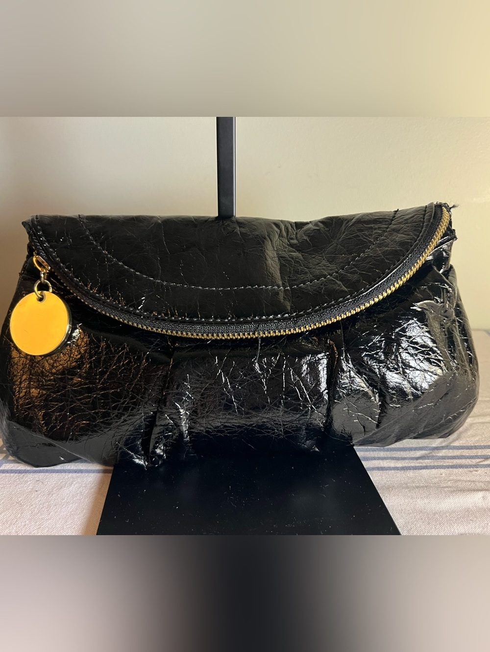 ALDO Black Patent Leather Fold-Over Clutch Bag Purse Gold Trim